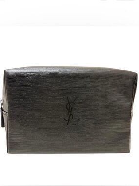 Saint Laurent Black Textured Leather Toiletry Pouch with Embossed YSL